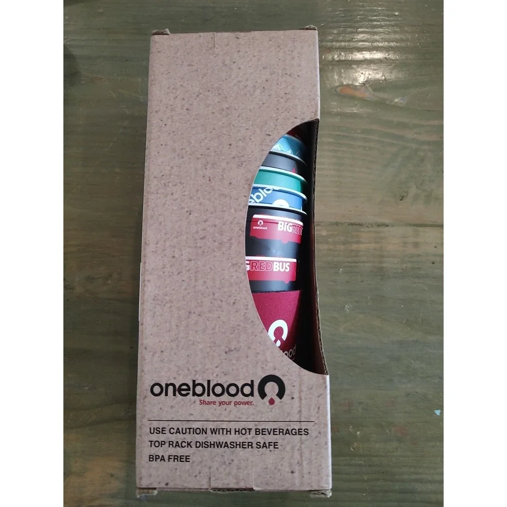 Oneblood Six Reusable Hot cold Cups Lids 16oz Coozie Big Red Bus Blood‎ Donor